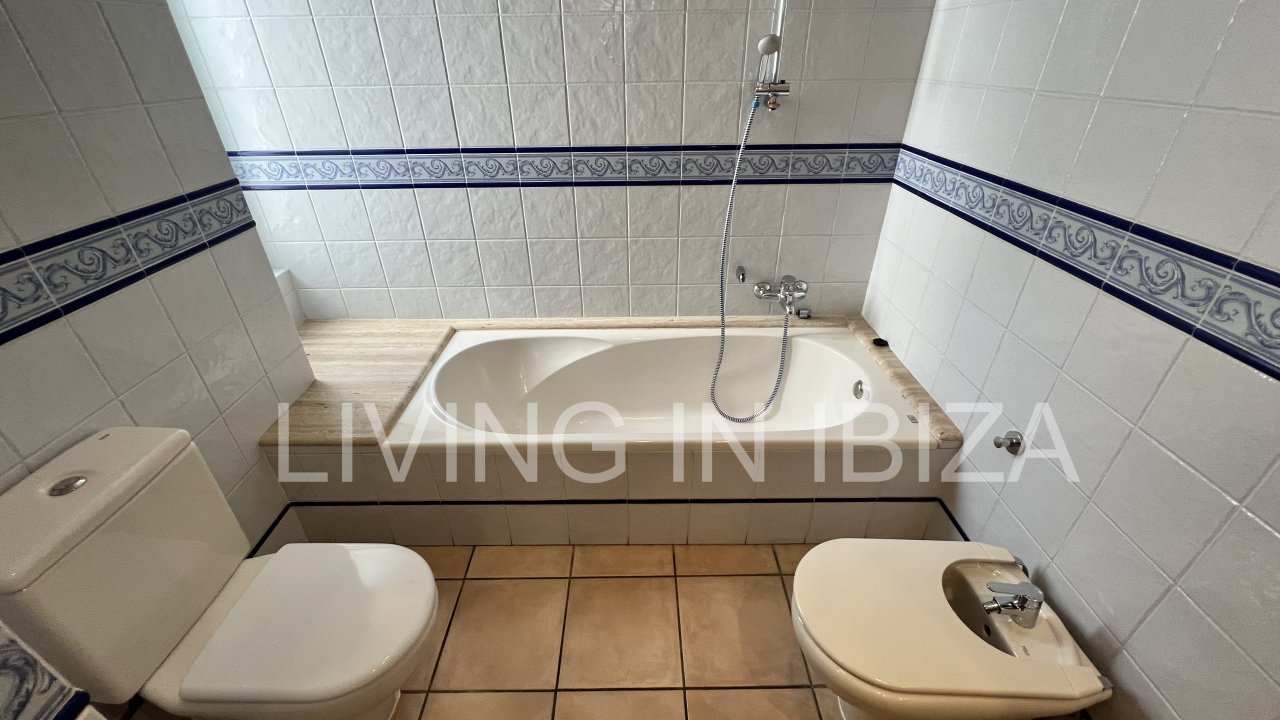 Long term rental / annual contract. Charming two-storey house in Siesta, Santa Eulalia, Ibiza. Stunning sea views from the terrace.