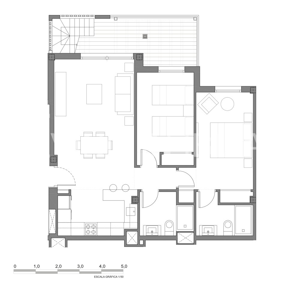 Can Buddha es un atractivo y moderno ático nuevo a estrenar sin amueblar en urbanización de lujo en la ciudad de Santa Eulalia del Río